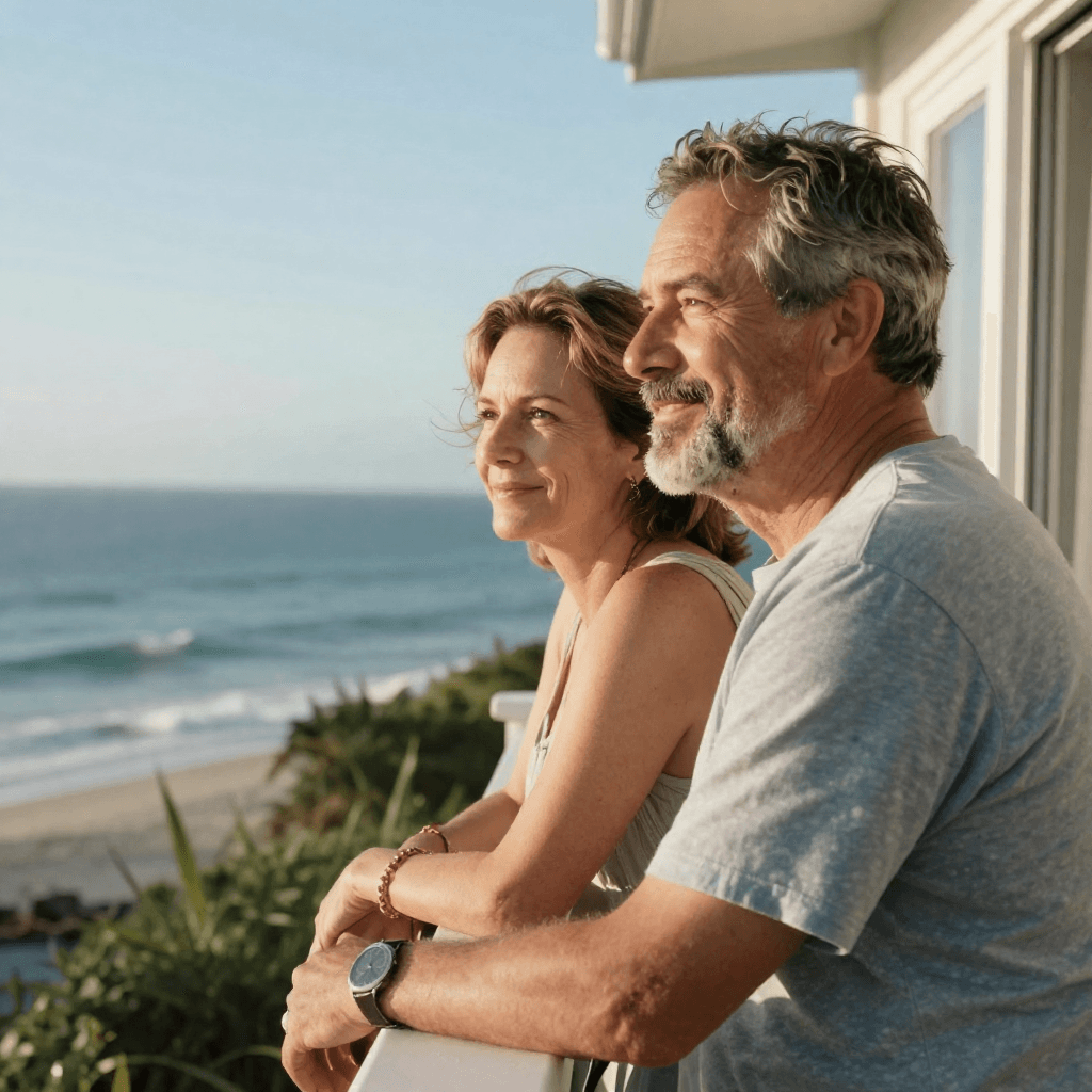 Couple looking out at the ocean from a balcony